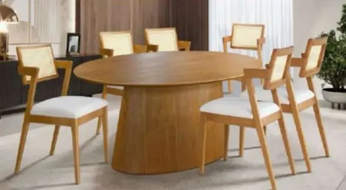 Mesa c\6 cadeiras Mesa Oval Laminada Madeira Maciça Dividimos Em Até 10x Sem Juros