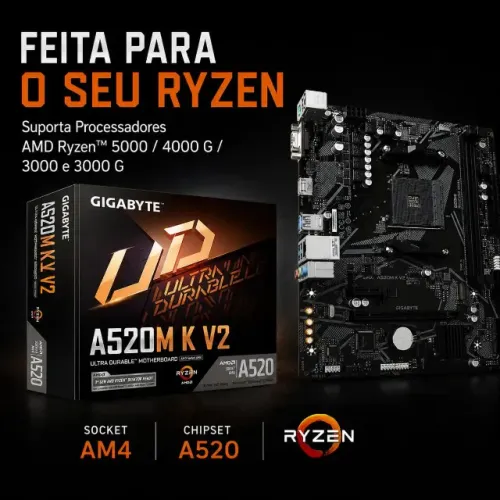 Placa Mãe A520M K V2 AMD AM4 MATX DDR4 Gigabyte Cor Preto