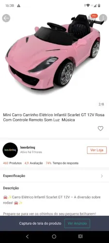Vendo um carrinho eletrônico Rosa com controle. Ele é via bluetooth e com capacidade 30 kg