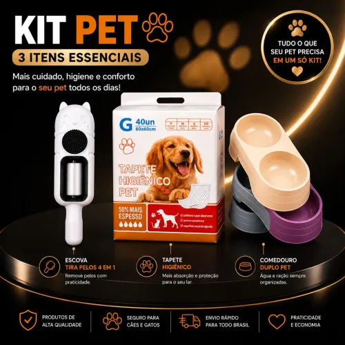 Kit Pet 3 Itens Comedouro Duplo Escova Tira Pelos Tapete Higiênico para Cachorros e Gatos