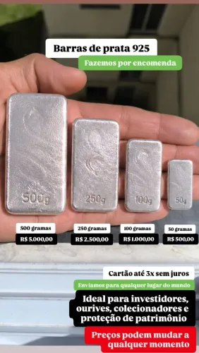 Barras de prata 925, 50Gr, 100Gr, 250Gr e 500 gramas, entregamos em mãos e fazemos envios