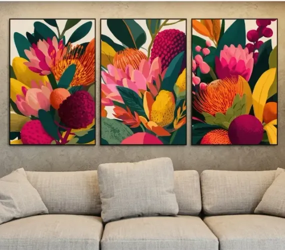 Trio De Quadros Flores Tropicais Coloridas - Artspot 75x115 LACRADO