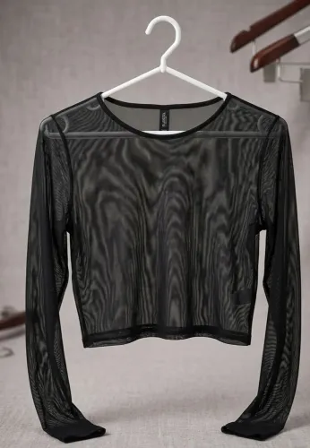 Blusa Cropped Tule Transparente Preta Manga Longa Feminina