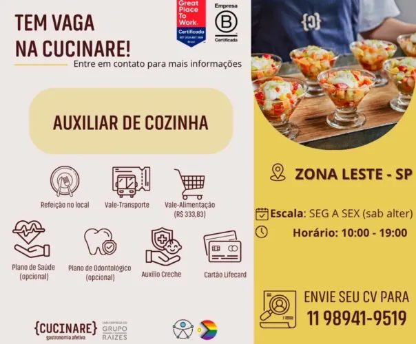 VAGAS PARA COZINHEIRO E AUXILIAR DE COZINHA