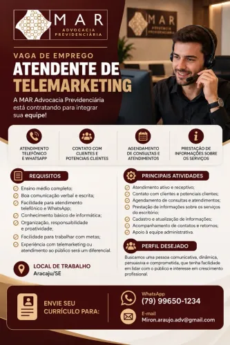 VAGA DE EMPREGO - ATENDENTE DE TELEMARKETING