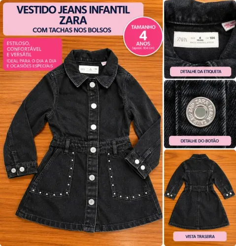 Vestido Jeans Preto Infantil Zara com Tachas - 4 Anos