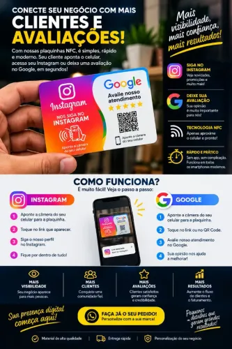 Plaquinha NFC Instagram e Google Avaliações com QR Code Personalizado<br>