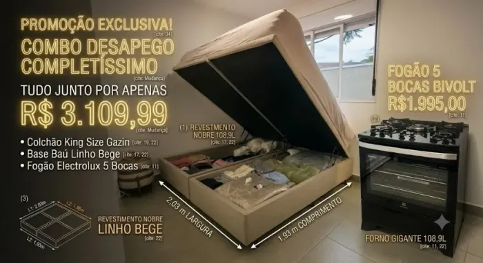 MEGA DESAPEGO: Colchão King Size + Base Baú + Fogão Electrolux 5B (Tudo por R$ 3.109,99)