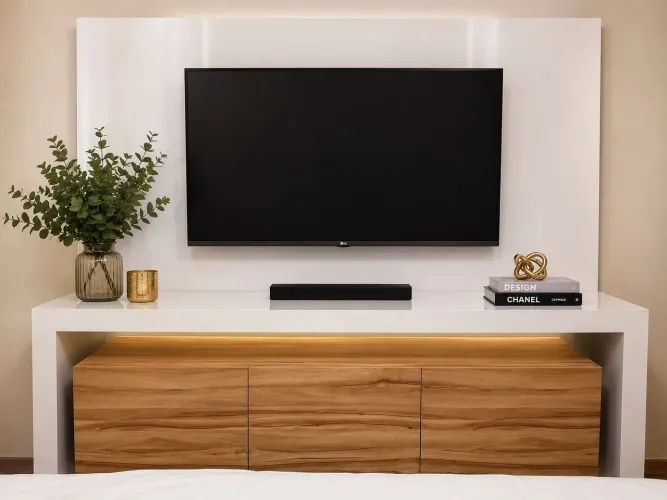 PAINEL TV + APARADOR EM LACA BRANCA + 3 GAVETÕES AMPLOS | 2,16m x 2,16m