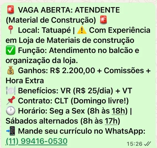 ATENDENTE (Material de Construção) - Com experiência 