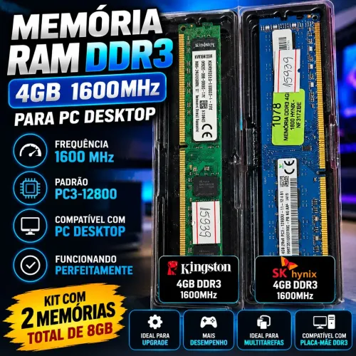 Kit 2 Memórias RAM DDR3 4GB 1600MHz para PC Desktop