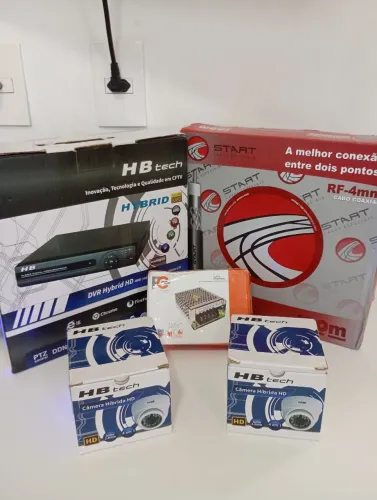 Kit câmeras híbridas om CFTV, fonte chaveada e 100 metros de cabo Coaxial 4mm