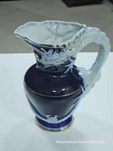 Vaso/Jarra Antiga Azul com imagem de Dragão em Porcelana 23 cm