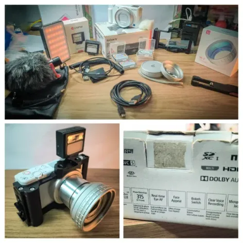 Câmera Sony ZV-1 com flash e lentes adicionais