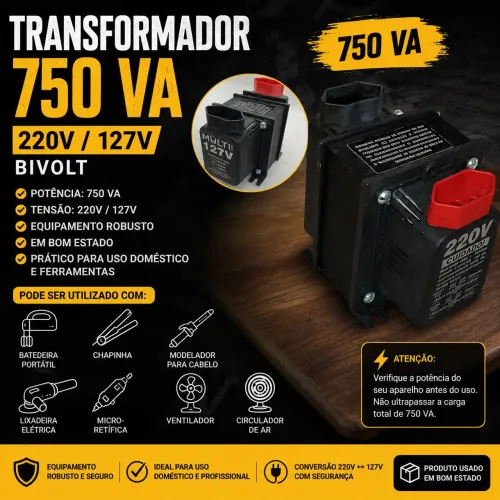 Transformador 750 VA 220V/127V - Bivolt | Autotransformador