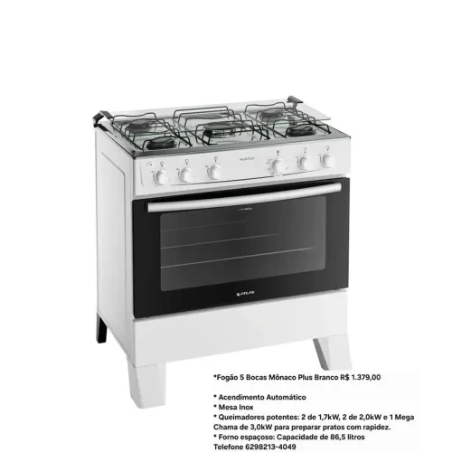 *Fogão 5 Bocas Mônaco Plus Branco R$ 1.379,00