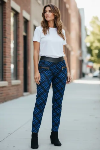 Calça xadrez, detalhes em couro , azul com preto, tamanho 40