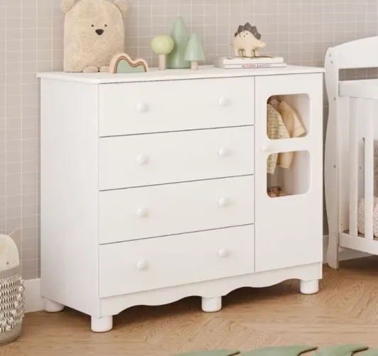 Cômoda de bebê infantil 1 porta com janela 4 gavetas 100% MDF Uli