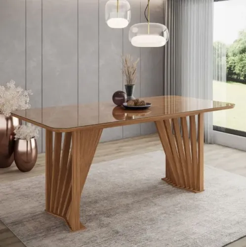 Mesa de Jantar Adriana 200 cm Canto Arredondado com Vidro Nature