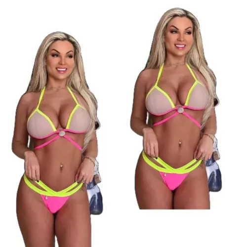 Conjunto Biquíni moda feminina praia verão bojo fio neon tamanho P