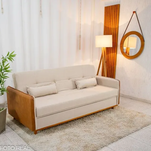 Sofá Cama Casal Baú Larg 2.05m Linho Bege