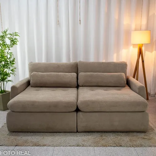 Sofá Retrátil e Cama Amaranto 2.30m Veludo Plush Bege - Sem Caixa