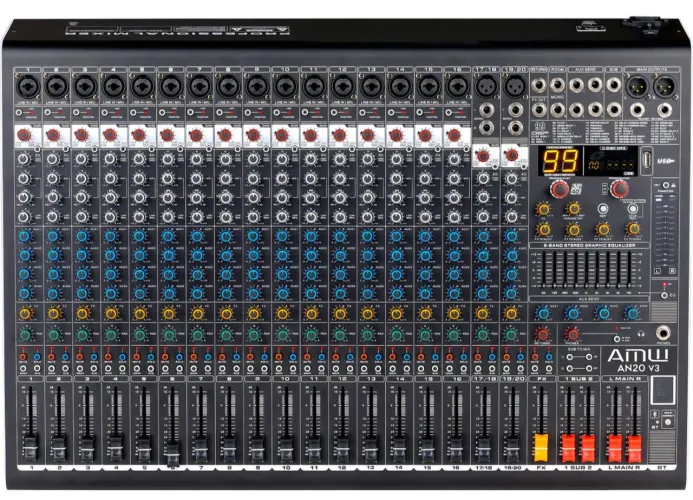 Amw An20 V3 Mesa De Som Com 20 Canais E 4 Auxiliares Roteáveis 99 Efeitos Dsp Conexão Usb