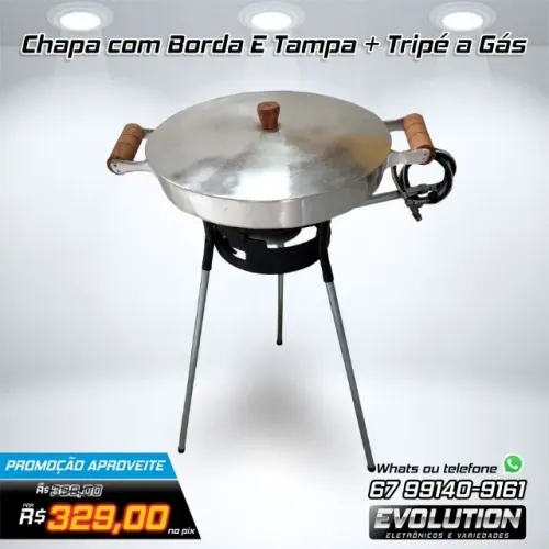 Chapa de Aluminio com Borda e Tampa + Tripé a Gás com Mangueira Completo