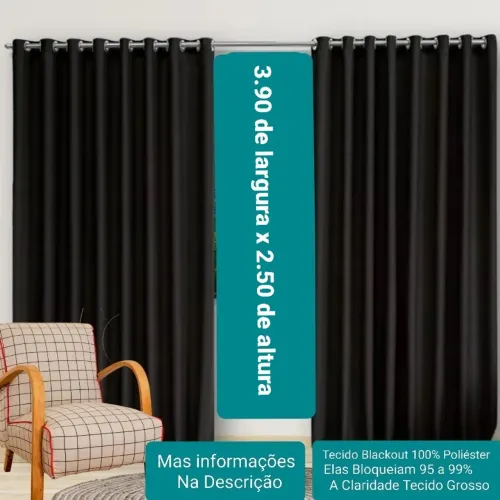 Cortinas Blackout 3.90 x 2.50 Preta - 100% Poliéster - Bloqueia 95% da Luz