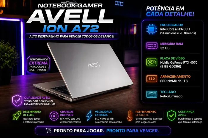 Notebook Gamer Avell ION A72 | i7-13700H | RTX 4070 8GB | 32GB RAM | SSD 1TB