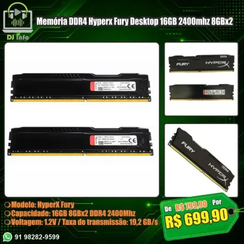 Memória DDR4 Hyperx Fury Desktop 16GB 2400mhz 8GBx2