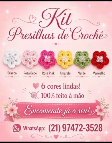 Kit 6 presilhas com flores de Croche e cristais - feitos a mão