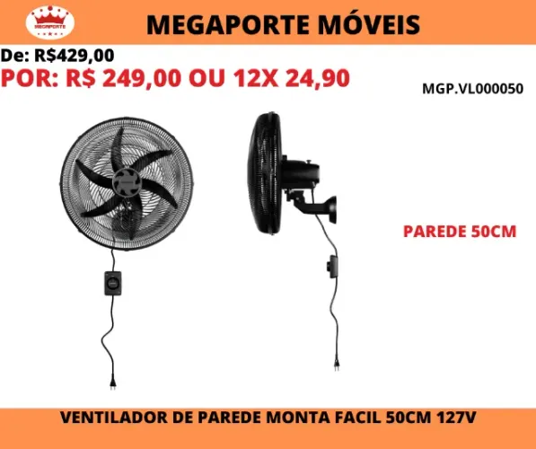 Ventilador de Parede Monta Fácil 6P 127V 50cm Ventisol