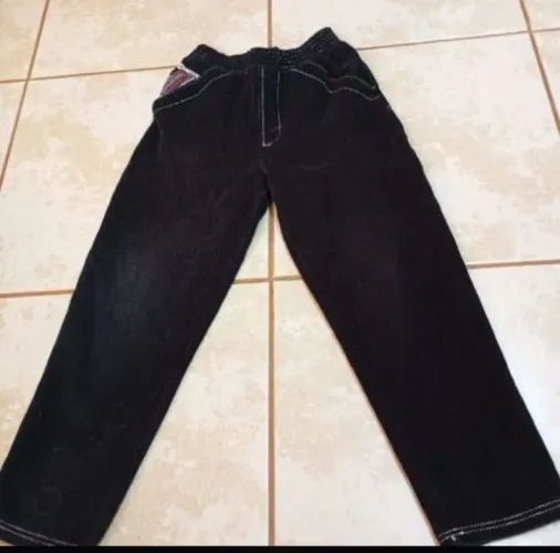 Calça masculina infantil preta de veludo cotelê tamanho 10