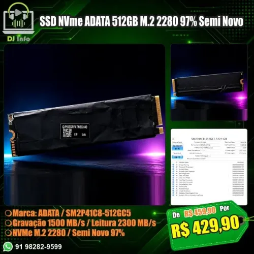 SSD NVme ADATA 512GB M.2 2280 97% Semi Novo