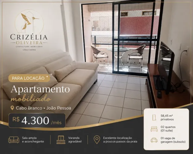 Apartamento mobiliado para locação anual no Cabo Branco