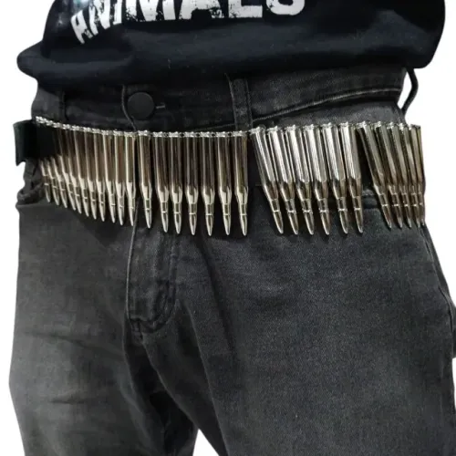 Cinto de Bala Calibre .223 Prateado Couro Legítimo - Estilo Rock, Metal, Punk e Cosplay 