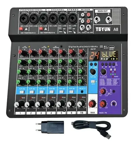 Mesa de som teyun A8 com 8 canais Bluetooth e USB