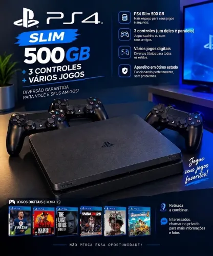 ? ?VENDO PS4 SLIM 500GB + 3 CONTROLES(um paralelo) + VÁRIOS JOGOS!(digitais)  ?R$ 1.400