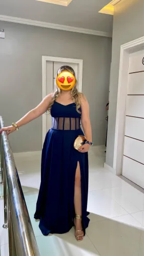 Vestido de Festa / Madrinha / Convidada Azul Marinho + Sandália Dourada 