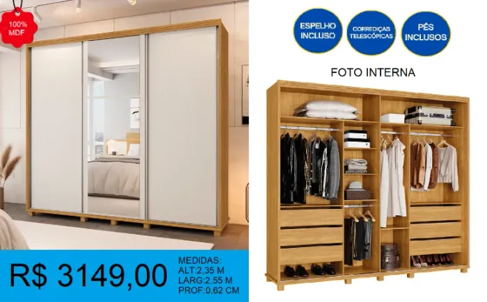 GUARDA ROUPA -CORREDIÇAS TELESCÓPICAS -PÉS INCLUSO = PRONTA ENTREGA