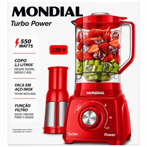 Liquidificador Mondial Turbo Power 550W 2,2L Vermelho - Novo