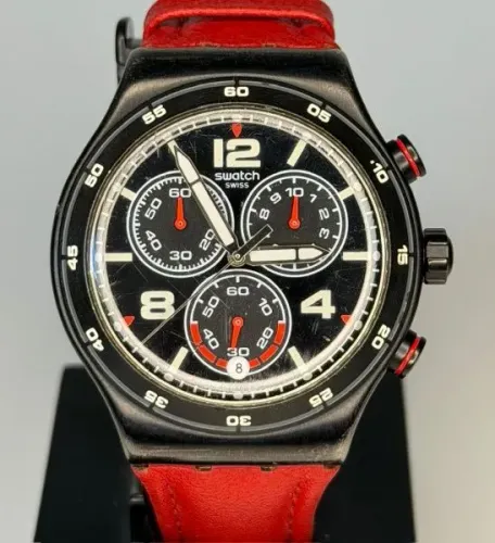 relógio swatch irony cronógrafo preto e vermelho