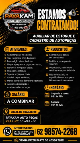 Vaga Auxiliar de Estoque e Cadastro de Autopeças - Goiânia