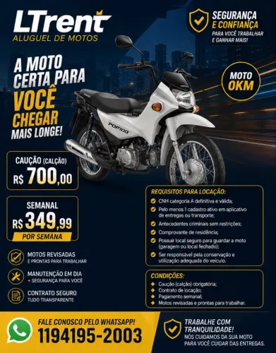 Moto 0km para locação/Aluguel em SP