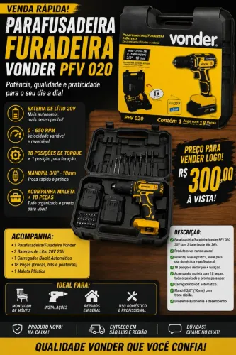 Parafusadeira/Furadeira Vonder PFV 020 20V Nova com 2 Baterias - R$ 300