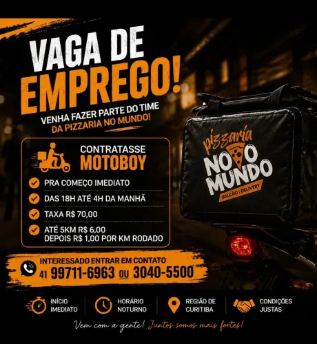 Pizzaria novo mundo contrata Motoboy