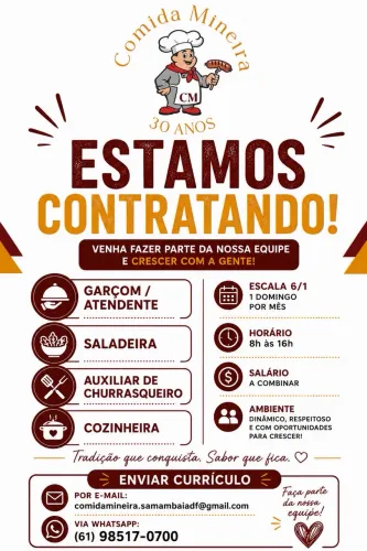 Garçom , auxiliar de churrasqueiro, saladeira e Cozinheira