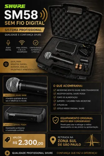 Microfone Shure SM58 Sem Fio + Receptor PGXD4 + Estojo