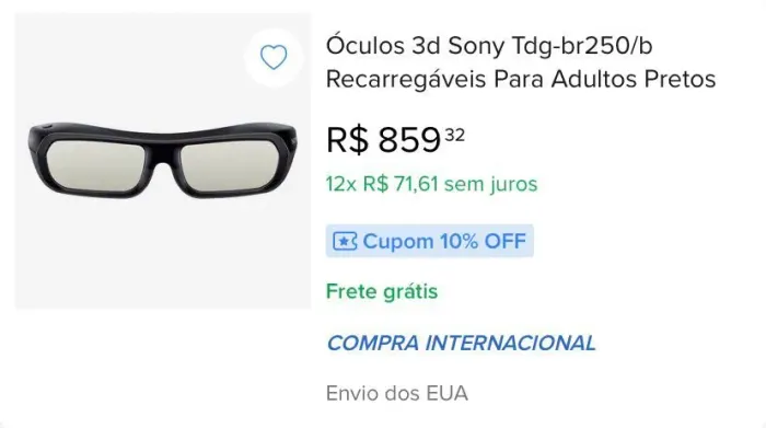 Óculos 3D Sony TDG-BR250 Recarregável 